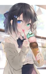 Rule 34 | 1girl, black bow, black bowtie, black hair, black ribbon, black skirt, blue eyes, bow, bowtie, cardigan, closed mouth, commentary request, food, green eyes, hair ornament, hair ribbon, heterochromia, holding, holding food, holding ice cream, holding spoon, ice cream, ice cream cone, ice cream spoon, looking at viewer, nail polish, open cardigan, open clothes, original, pink nails, pleated skirt, ribbon, shirt, short hair, skirt, sleeves past wrists, smile, solo, spoon, standing, triple scoop, utensil in mouth, white shirt, x hair ornament, yoruhoshi owl