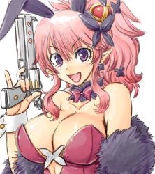 Rule 34 | 1girl, amania orz, breasts, cleavage, disgaea, gun, large breasts, long hair, looking at viewer, makai senki disgaea 5, open mouth, pink hair, pointy ears, purple eyes, seraphina (disgaea), simple background, smile, solo, weapon, white background