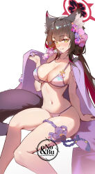 Rule 34 | 1girl, animal ear fluff, animal ears, bikini, black hair, blue archive, blush, breasts, cleavage, closed mouth, collarbone, colored inner hair, feet out of frame, flower, fox ears, fox tail, hair flower, hair ornament, halo, highres, j fang, large breasts, long hair, multicolored hair, navel, official alternate costume, purple bikini, purple flower, red hair, red halo, simple background, smile, solo, swimsuit, tail, wakamo (blue archive), wakamo (swimsuit) (blue archive), white background, yellow eyes