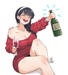 Rule 34 | 1girl, 2024, alcohol, black hair, blush, bottle, breasts, cleavage, closed eyes, cup, drinking glass, drunk, earrings, gold earrings, hairband, holding, holding bottle, jewelry, jk arts, large breasts, long hair, new year, no pants, nose blush, open mouth, red sweater, simple background, solo, spy x family, sweater, white background, white hairband, yor briar