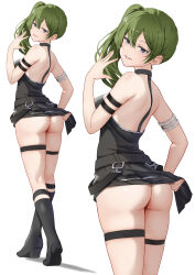 Rule 34 | 1girl, arm strap, ass, black dress, black footwear, boots, clothes lift, commentary request, dress, dress lift, gibun (sozoshu), green hair, hair between eyes, halterneck, hand up, highres, knee boots, kneepits, lifted by self, long hair, looking at viewer, looking back, multiple views, no panties, parted lips, purple eyes, side ponytail, simple background, sleeveless, sleeveless dress, smile, sousou no frieren, thigh strap, ubel (sousou no frieren), white background