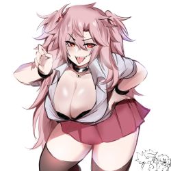 Rule 34 | 1girl, :d, black thighhighs, blush, breasts, choker, cleavage, dress shirt, gyaru, hair between eyes, hand on own hip, highres, kurenaiz (kuayrenaiz), large breasts, leaning forward, long hair, looking at viewer, open mouth, original, pink hair, red eyes, red skirt, shirt, skirt, sleeves rolled up, smile, solo, thighhighs, tongue, tongue out, two side up, very long hair, wristband