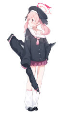 Rule 34 | 1girl, beret, black footwear, black hat, black shirt, black wings, blue archive, blush, buttons, collarbone, full body, halo, hat, head wings, highres, hishiki (pixi14719710), koharu (blue archive), long hair, loose socks, parted lips, pink eyes, pink hair, pink halo, pleated skirt, red skirt, sailor collar, sailor shirt, shirt, shoes, skirt, socks, solo, twintails, white sailor collar, white socks, wings