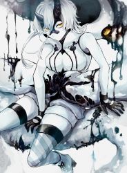 Rule 34 | 1girl, absurdres, abyssal ship, asymmetrical horns, asymmetrical legwear, black gloves, boots, breasts, closed mouth, colored skin, gloves, hagioshi, hair ribbon, heavy cruiser princess, highres, hood, hood down, horns, jacket, kantai collection, medium breasts, pale skin, ribbon, short hair with long locks, simple background, sleeveless, solo, striped clothes, striped legwear, striped thighhighs, thighhighs, uneven horns, white background, white footwear, white jacket, white skin, yellow eyes