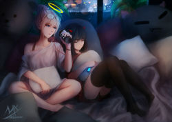 Rule 34 | 2girls, angel and devil, bare legs, bare shoulders, barefoot, bed sheet, black hair, black legwear, black shorts, blue eyes, blurry, blurry background, building, can, cityscape, closed eyes, closed mouth, commentary, depth of field, english commentary, eyewear on head, hair bun, halo, highres, holding, holding can, horns, indoors, light brown hair, multiple girls, night, night sky, off shoulder, original, oversized clothes, oversized shirt, parted lips, pillow, rain, red shirt, round eyewear, shimmer, shirt, short shorts, shorts, signature, single hair bun, sitting, sky, thighhighs, white shirt, window