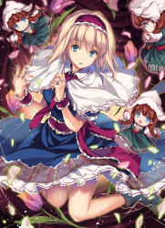 Rule 34 | 1girl, alice margatroid, arms up, belt, blonde hair, blouse, blue dress, boots, bow, braid, breasts, brown footwear, brown hair, capelet, closed mouth, collared shirt, commentary request, curtains, doll, dress, eyes visible through hair, fingernails, flower, flying, frills, green bow, green dress, grey footwear, hair between eyes, hair bow, hairband, hands up, head scarf, highres, leaf, leg up, long fingernails, long hair, long sleeves, looking at another, looking away, looking to the side, medium breasts, monety, nail polish, necktie, open mouth, pants, petals, pink flower, pink nails, puffy long sleeves, puffy short sleeves, puffy sleeves, purple belt, purple bow, purple flower, purple hairband, purple necktie, scarf, shirt, short hair, short sleeves, smile, solo, thread, touhou, twin braids, white capelet, white headwear, white pants, white scarf, white shirt, wrist cuffs, yellow background