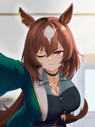 Rule 34 | 1girl, animal ears, black choker, black shirt, blurry, blurry background, breasts, brown hair, choker, cleavage, collared shirt, commentary request, ear ornament, green jacket, hair between eyes, hand on own hip, highres, horse ears, horse girl, jacket, kabedon on viewer, large breasts, long hair, long sleeves, multicolored hair, one eye closed, pov, red eyes, reirall, shirt, sirius symboli (umamusume), solo, streaked hair, umamusume, upper body, very long hair, white hair