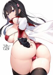 Rule 34 | 1girl, :o, armor, ass, bikini, black eyes, black gloves, black hair, black thighhighs, blush, borrowed character, breasts, cameltoe, cape, cleft of venus, commentary request, detached sleeves, fingerless gloves, from behind, gloves, hair ornament, highres, kakerayuri, large breasts, long hair, looking back, original, red bikini, shoulder armor, sideboob, signature, simple background, solo, swimsuit, thighhighs, twisted torso, vambraces, white background, white cape