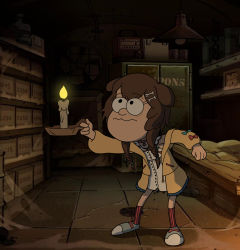 Rule 34 | 1girl, animal ears, blue bow, bone hair ornament, bow, braid, brown hair, cabinet, candle, cartoon bone, clenched hand, clock, commentary, dark, derivative work, dog ears, dog girl, dress, english commentary, frilled jacket, frills, full body, gravity falls, hair ornament, highres, holding, holding candle, hololive, indoors, inugami korone, inugami korone (1st costume), jacket, jodthecod, lamp, long hair, long sleeves, looking up, low twin braids, open clothes, open jacket, parody, pink bow, shelf, silk, solo, spider web, standing, style parody, twin braids, virtual youtuber, wavy mouth, white dress, yellow jacket