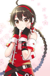 Rule 34 | 1girl, :t, ahoge, bare shoulders, black gloves, blush, braid, brown eyes, brown hair, closed mouth, commentary, detached sleeves, dress, fingerless gloves, floral background, flower, gloves, hands on own cheeks, hands on own face, headphones, kikuchi mataha, long hair, looking at viewer, pink flower, red dress, sidelocks, single braid, solo, symbol-only commentary, upper body, very long hair, vocaloid, wrist cuffs, yuezheng ling