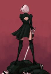 Rule 34 | 1girl, 2b (nier:automata), 4boys, 9s (nier:automata), back cutout, black dress, black hairband, black thighhighs, clothing cutout, commentary, dress, from behind, hairband, highres, holding, holding sword, holding weapon, juliet sleeves, long sleeves, multiple boys, nier:automata, nier (series), pile of corpses, puffy sleeves, red background, short dress, side slit, sword, thighhighs, titann, weapon, white hair
