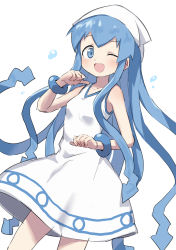 Rule 34 | 1girl, ;d, absurdres, blue eyes, blue hair, bracelet, commentary request, dress, gazacy (dai), hat, highres, ikamusume, jewelry, long hair, looking at viewer, medium dress, one eye closed, open mouth, shinryaku! ikamusume, shoes, sleeveless, sleeveless dress, smile, solo, squid hat, tentacle hair, white dress, white footwear, white hat