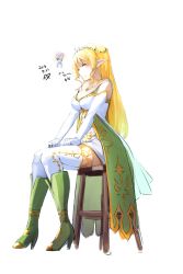 Rule 34 | 1girl, absurdres, bare shoulders, blonde hair, blush, boots, breasts, dress, elf, closed eyes, fairy, full body, gloves, green footwear, highres, long hair, momo (higanbana and girl), olivier (sennen sensou aigis), pointy ears, sennen sensou aigis, shoes, sitting, solo, thighhighs, white gloves, white thighhighs