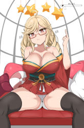Rule 34 | 1girl, angry, asanagi (style), ass, azur lane, black thighhighs, blonde hair, blush, breasts, cleavage, cosplay, drill hair, glasses, highres, japanese clothes, kim wang jang, kimono, large breasts, long hair, middle finger, mole, mole under eye, original, panties, red eyes, solo, taihou (azur lane), thighhighs, twintails, underwear, white panties