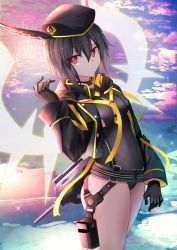 Rule 34 | 1girl, black choker, black gloves, black hair, black hat, black jacket, black one-piece swimsuit, black wings, breasts, choker, closed mouth, clothing cutout, commentary, fate/grand order, fate (series), gloves, gun, hair between eyes, hat, head wings, highres, jacket, kaze minoru so-ru, long sleeves, looking at viewer, medium breasts, one-piece swimsuit, open clothes, open jacket, ortlinde (fate), ortlinde (swimsuit assassin) (fate), red eyes, short hair, solo, swimsuit, thighs, valkyrie (fate), weapon, wings
