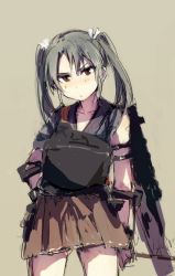 Rule 34 | 10s, 1girl, bad id, bad twitter id, blush, bow (weapon), brown eyes, cowboy shot, flight deck, grey background, grey hair, hair ribbon, hand on own hip, japanese clothes, kantai collection, long hair, looking at viewer, muneate, ohashi (hashidate), ribbon, simple background, skirt, solo, twintails, weapon, zuikaku (kancolle)