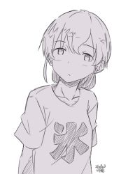 Rule 34 | 1girl, artist name, braid, clothes writing, dated, greyscale, hikashima (shiofune), kantai collection, long hair, looking at viewer, monochrome, shirt, simple background, single braid, solo, souya (kancolle), t-shirt, upper body