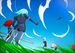 Rule 34 | 5others, absurdres, androgynous, aqua hair, blue sky, cinnabar (houseki no kuni), cloud, colored skin, crystal hair, day, elbow gloves, from below, gem uniform (houseki no kuni), gloves, goshenite (houseki no kuni), grass, highres, houseki no kuni, long hair, morganite (houseki no kuni), multiple others, necktie, outdoors, outstretched arm, padparadscha (houseki no kuni), phosphophyllite, pink hair, red hair, scenery, short hair, sky, sword, weapon, white hair, white skin