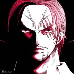 Rule 34 | 1boy, aboude art, artist name, closed mouth, commentary, english commentary, facial hair, instagram logo, instagram username, limited palette, looking at viewer, male focus, one piece, red hair, scar, scar across eye, scar on face, shanks (one piece), short hair, signature, solo