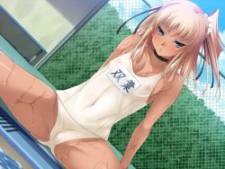 Rule 34 | 1girl, aoi nagisa (metalder), blonde hair, blue eyes, blush, breasts, cameltoe, choker, cleft of venus, covered erect nipples, dark skin, flat chest, futaba lili ramses, nipples, one-piece swimsuit, outdoors, school swimsuit, see-through, sitting, small breasts, solo, spread legs, swimsuit, tan, tentacle and witches, wet