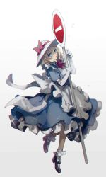 Rule 34 | 1girl, apron, blonde hair, blue eyes, chromatic aberration, dress, elbow gloves, frills, full body, gloves, gradient background, hat, hat ribbon, highres, kana anaberal, looking at viewer, mary janes, md5 mismatch, no-kan, no entry sign, open mouth, puffy sleeves, resized, resolution mismatch, ribbon, road sign, shoes, short hair, short sleeves, sign, socks, solo, source larger, touhou, touhou (pc-98), waist apron, white gloves, white socks
