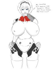 Rule 34 | 1girl, aegis (persona), artist request, blue eyes, blush, breasts, colorized, covered erect nipples, cowboy shot, english text, female focus, highres, huge breasts, licking lips, looking at viewer, mature female, naughty face, parted lips, persona, persona 3, presenting, robot, shin megami tensei, short hair, simple background, solo, standing, text focus, thigh gap, tongue, tongue out, white background