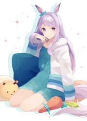 Rule 34 | 1girl, animal ears, blue dress, blush, bow, dress, ear ribbon, hood, horse ears, horse girl, horse tail, jacket, long hair, long sleeves, looking at viewer, mejiro mcqueen (umamusume), open clothes, open jacket, parted lips, pillow, purple eyes, purple hair, shakemi (sake mgmgmg), simple background, sitting, solo, sparkle, stuffed toy, tail, umamusume, white background