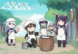Rule 34 | 2024, 2boys, 3girls, :|, anger vein, apron, arms up, bandaged hand, bandages, black hair, blue eyes, blue hair, braid, brown eyes, brown hair, bucket, chibi, closed mouth, cup, day, dress, food, full body, furina (genshin impact), genshin impact, gloom (expression), gloves, green hair, grey hair, hair between eyes, height difference, heterochromia, highres, holding, holding mallet, holding saucer, injury, kine, long hair, looking at another, mallet, mochi, mochitsuki, mortar (bowl), multicolored hair, multiple boys, multiple girls, nahida (genshin impact), nervous, outdoors, pants, purple eyes, purple hair, raiden shogun, saucer, shoes, side ponytail, single braid, sleeves rolled up, squatting, standing, sweat, twin braids, two-tone hair, venti (genshin impact), very long hair, xinzoruo, zhongli (genshin impact)