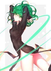Rule 34 | 1girl, arms up, ass, bad id, bad pixiv id, black dress, border, breasts, dore (gilles dore), dress, expressionless, flat ass, green eyes, green hair, grey background, hands in hair, highres, light particles, looking at viewer, looking to the side, matching hair/eyes, one-punch man, pelvic curtain, short dress, short hair, small breasts, solo, tatsumaki, thighs, tight dress, wavy hair, white border