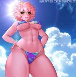 Rule 34 | 10s, 1girl, armpits, ashido mina, bare arms, bare shoulders, beach, bikini, black sclera, boku no hero academia, breasts, breasts apart, colored sclera, colored skin, day, female focus, hand on own hip, highres, hip focus, horns, looking at viewer, medium breasts, medium hair, messy hair, navel, open mouth, outdoors, pink hair, pink skin, smile, solo, stomach, strap gap, swimsuit, twistedscarlett60, upper body, yellow eyes