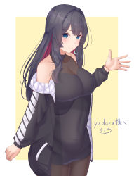 Rule 34 | 1girl, absurdres, bare shoulders, black hair, black jacket, black pantyhose, blue eyes, blush, breasts, closed mouth, commentary request, hand up, highres, jacket, large breasts, long hair, long sleeves, looking at viewer, mashiro03, off shoulder, original, pantyhose, simple background, smile, solo, yellow background
