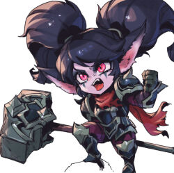 Rule 34 | 1girl, armor, black armor, black hair, brown gloves, clenched hand, fangs, gloves, hammer, holding, holding hammer, holding weapon, league of legends, noxus poppy, official alternate costume, phantom ix row, pink eyes, poppy (league of legends), red scarf, scarf, simple background, solo, teeth, torn clothes, torn scarf, twintails, upper teeth only, weapon, white background, yordle