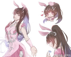 Rule 34 | 1girl, animal ears, brown hair, chibi, closed mouth, doudou 3 sui yinghua, douluo dalu, dress, flower, from side, hair ornament, hand in own hair, heart, holding, holding flower, long hair, looking at viewer, outstretched hand, pink dress, ponytail, rabbit ears, smile, solo, upper body, white background, xiao wu (douluo dalu)