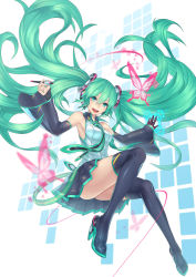 Rule 34 | 1girl, :d, aqua eyes, aqua hair, bare shoulders, black thighhighs, bug, butterfly, detached sleeves, female focus, hatsune miku, holding, insect, long hair, nail polish, necktie, nidy, open mouth, pen, skirt, smile, solo, thighhighs, twintails, very long hair, vocaloid
