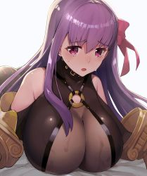 Rule 34 | 10s, 1girl, bare shoulders, bow, breasts, claws, cleavage, deep skin, detached sleeves, fate/extra, fate/extra ccc, fate/grand order, fate (series), hair bow, hair ribbon, highres, huge breasts, katsudansou, long hair, looking at viewer, o-ring, o-ring top, parted lips, passionlip (fate), purple eyes, purple hair, ribbon, see-through, skindentation, solo, sweat, upper body, very long hair