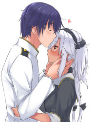 Rule 34 | 1boy, 1girl, absurdres, admiral (kancolle), blue hair, blush, closed mouth, dark-skinned female, dark skin, glasses, hair between eyes, heart, highres, jewelry, kantai collection, kiss, kissing forehead, long hair, long sleeves, mashiro yukiya, military, military uniform, musashi (kancolle), musashi kai ni (kancolle), naval uniform, red eyes, ring, short hair, silver hair, simple background, two side up, uniform, upper body, wedding band, white background
