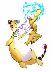 Rule 34 | 10s, 1girl, ampharos, bad id, bad pixiv id, blonde hair, blue eyes, bruce lee&#039;s jumpsuit, creatures (company), crossover, electricity, fire, game freak, gen 2 pokemon, highres, huang baoling, nintendo, pokemon, pokemon (creature), power connection, purple fire, shoes, short hair, sneakers, tiger &amp; bunny, yui (kari)