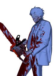 Rule 34 | 1boy, blank eyes, blood, blood in hair, blood on clothes, blood on face, blood on hands, bloody weapon, blue hair, blue jacket, blue necktie, blue pants, chainsaw, closed mouth, collared jacket, colored eyelashes, cowboy shot, facing viewer, hands up, highres, holding, holding chainsaw, jacket, korean commentary, long sleeves, male focus, necktie, original, pants, sasi mozzi1, short hair, simple background, solo, weapon, white background