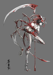 Rule 34 | 1boy, absurdres, antennae, black hair, collarbone, extra arms, extra ears, fingernails, grey background, hair over eyes, headgear, highres, holding, holding scythe, holding weapon, arthropod boy, loladestiny, long fingernails, male focus, original, parted lips, scythe, simple background, smile, solo, spikes, standing, standing on one leg, stinger, tail, weapon, wristband