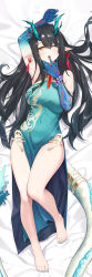 Rule 34 | 1girl, ;o, absurdres, aqua dress, arknights, arm up, armpits, bare legs, barefoot, bed sheet, black hair, blue nails, blue skin, breasts, china dress, chinese clothes, colored skin, covered navel, dragon girl, dragon horns, dragon tail, dress, dusk (arknights), earrings, female focus, finger to mouth, full body, gradient skin, green hair, highres, horns, jewelry, large breasts, long hair, looking at viewer, lying, multicolored hair, nail polish, on back, on bed, one eye closed, open mouth, pelvic curtain, pointy ears, red eyes, sleeveless, sleeveless dress, solo, streaked hair, tail, tail ornament, tail ring, tassel, tassel earrings, toenail polish, toenails, two-tone hair, very long hair, zayur