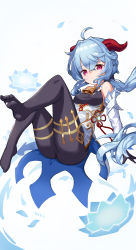 Rule 34 | 1girl, absurdres, ahoge, bare shoulders, bell, black legwear, blue hair, blush, breasts, chinese knot, detached sleeves, flower knot, full body, ganyu (genshin impact), genshin impact, gold trim, highres, horns, long hair, looking at viewer, medium breasts, mocha kura, neck bell, no shoes, red eyes, sidelocks, solo, thighlet, thighs, vision (genshin impact), white sleeves