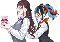 Rule 34 | 2girls, @ @, black hair, black vest, blue hair, blush, breasts, brown hair, closed eyes, collared shirt, dress shirt, fate/grand order, fate (series), glasses, grey vest, highres, large breasts, long hair, long sleeves, looking at viewer, multicolored hair, multiple girls, murasaki shikibu (fate), nakuta, open mouth, purple eyes, red hair, sei shounagon (fate), shirt, smile, twintails, very long hair, vest, white shirt