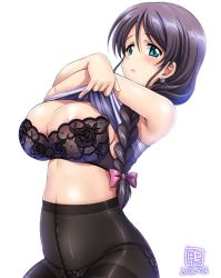 Rule 34 | 1girl, :o, aqua eyes, areola slip, bare shoulders, black bra, black pantyhose, blush, bow, bra, braid, breasts, brown hair, cleavage, clothes lift, dated, earrings, glint, hair between eyes, hair bow, hair over shoulder, high-waist pantyhose, jewelry, kamogawa tanuki, lace, lace bra, lace panties, large breasts, lips, long hair, looking at viewer, love live!, navel, nipples, original, panties, panties under pantyhose, pantyhose, see-through, shiny clothes, shirt lift, sidelocks, signature, simple background, single braid, solo, thighband pantyhose, tojo nozomi, underwear, undressing, white background