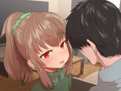 Rule 34 | 1boy, 1girl, after kiss, black hair, blush, brown hair, chair, green scrunchie, green sweater, grey shirt, hair ornament, hair scrunchie, hetero, highres, indoors, kiss, looking at another, manaka (sumiyao), original, ponytail, red eyes, saliva, saliva trail, scrunchie, shirt, short hair, sidelocks, sumiyao (amam), sweat, sweater, table, tongue, turtleneck, turtleneck sweater, upper body