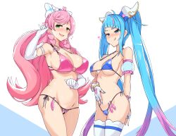 Rule 34 | 2girls, bar censor, bikini, blue bikini, blue eyes, blue hair, bow, breasts, censored, closed mouth, condom, condom belt, crotchless, crotchless swimsuit, cure prism, cure sky, elbow gloves, gloves, gradient hair, green eyes, hair ornament, heart, highres, hirogaru sky! precure, large breasts, licking lips, long hair, magical girl, multicolored hair, multiple girls, nail polish, nijigaoka mashiro, open mouth, pink bikini, pink hair, precure, pussy, smile, sora harewataru, streaked hair, swimsuit, tongue, tongue out, twintails, twogie, very long hair, white gloves
