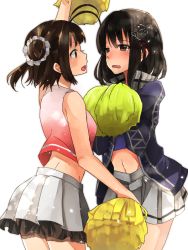 Rule 34 | 2girls, alternate costume, antenna hair, arm up, bare shoulders, black hair, blue jacket, blue shirt, bob cut, brown eyes, brown hair, check commentary, cheerleader, commentary, commentary request, cowboy shot, crop top, double bun, embarrassed, eye contact, face-to-face, frills, haguro (kancolle), hair ornament, hairclip, hands on own chest, jacket, kantai collection, looking at another, multiple girls, naka (kancolle), open mouth, pink shirt, pom pom (cheerleading), rinto (rint rnt), shirt, short hair, simple background, skirt, track jacket, white background, white skirt, yellow pom poms