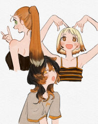 Rule 34 | 3girls, absurdres, arms up, bare arms, bare shoulders, black hair, blonde hair, camisole, colored tips, commentary, cropped torso, flat chest, fox shadow puppet, fukujumaru, green eyes, grey shirt, heart arms, highres, long hair, looking at viewer, looking back, medium hair, multicolored hair, multiple girls, open mouth, orange eyes, orange hair, original, ponytail, shirt, short hair, short sleeves, simple background, sleeveless, spaghetti strap, strapless, striped camisole, t-shirt, two-tone hair, white background, yellow eyes