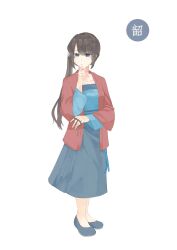 Rule 34 | 1girl, absurdres, beizhen922, black hair, blue eyes, blue footwear, brown hair, chinese clothes, closed mouth, collarbone, dress, duijin ruqun, flats, from side, full body, hair ornament, hand on own chin, hanfu, highres, jacket, jewelry, long hair, looking at viewer, ponytail, shoes, side ponytail, simple background, skirt, solo, standing, wide sleeves