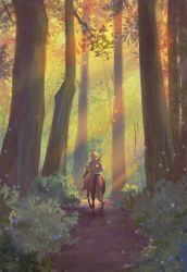 Rule 34 | 1boy, absurdres, artist name, blonde hair, blue shirt, boots, branch, brown footwear, bush, facing away, forest, from behind, highres, hooves, horse, horse tail, horseback riding, leaf, light rays, link, nature, nintendo, outdoors, pointy ears, ponytail, quiver, riding, shield, shirt, sword, tail, the legend of zelda, the legend of zelda: breath of the wild, tree, weapon, weapon on back