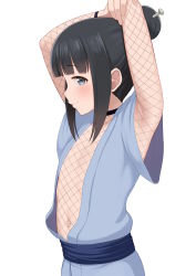 Rule 34 | 1girl, armpits, arms up, atg (wttoo0202), black hair, blue eyes, blue kimono, blush, commentary request, fishnet top, flat chest, hair bun, hair ornament, hair stick, highres, japanese clothes, kimono, kunoichi tsubaki no mune no uchi, looking at viewer, mokuren (kunoichi tsubaki no mune no uchi), navel, open clothes, short sleeves, sidelocks, sideways glance, smile, solo, stomach, upper body